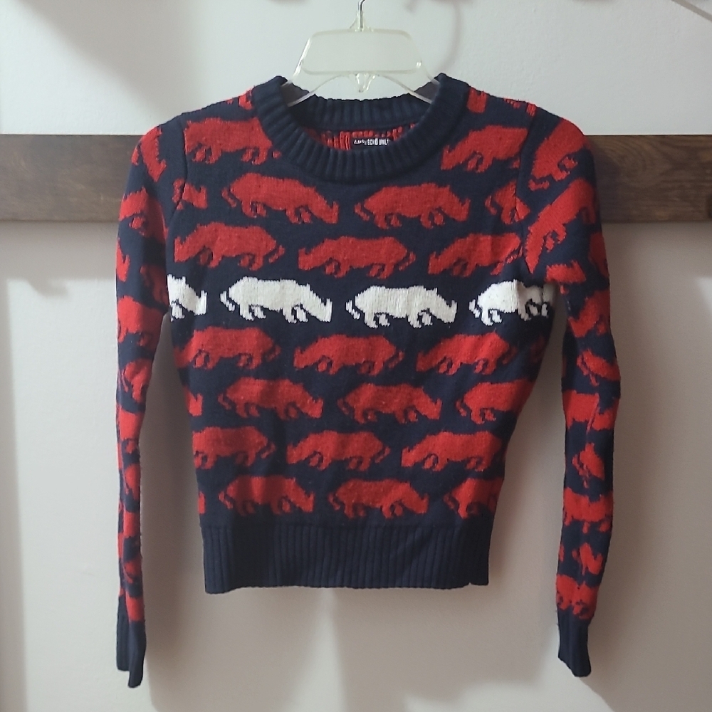 Ecko Unlimited ECKORED RHINO PATTERN KNIT Red and Blue Crew Neck Sweater